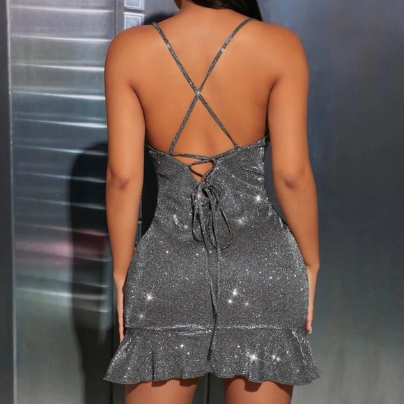SHEIN Criss Cross Silver Glitter Flare BodyCon Mini Dress, Size Petite Medium/6 - Picture 3 of 6